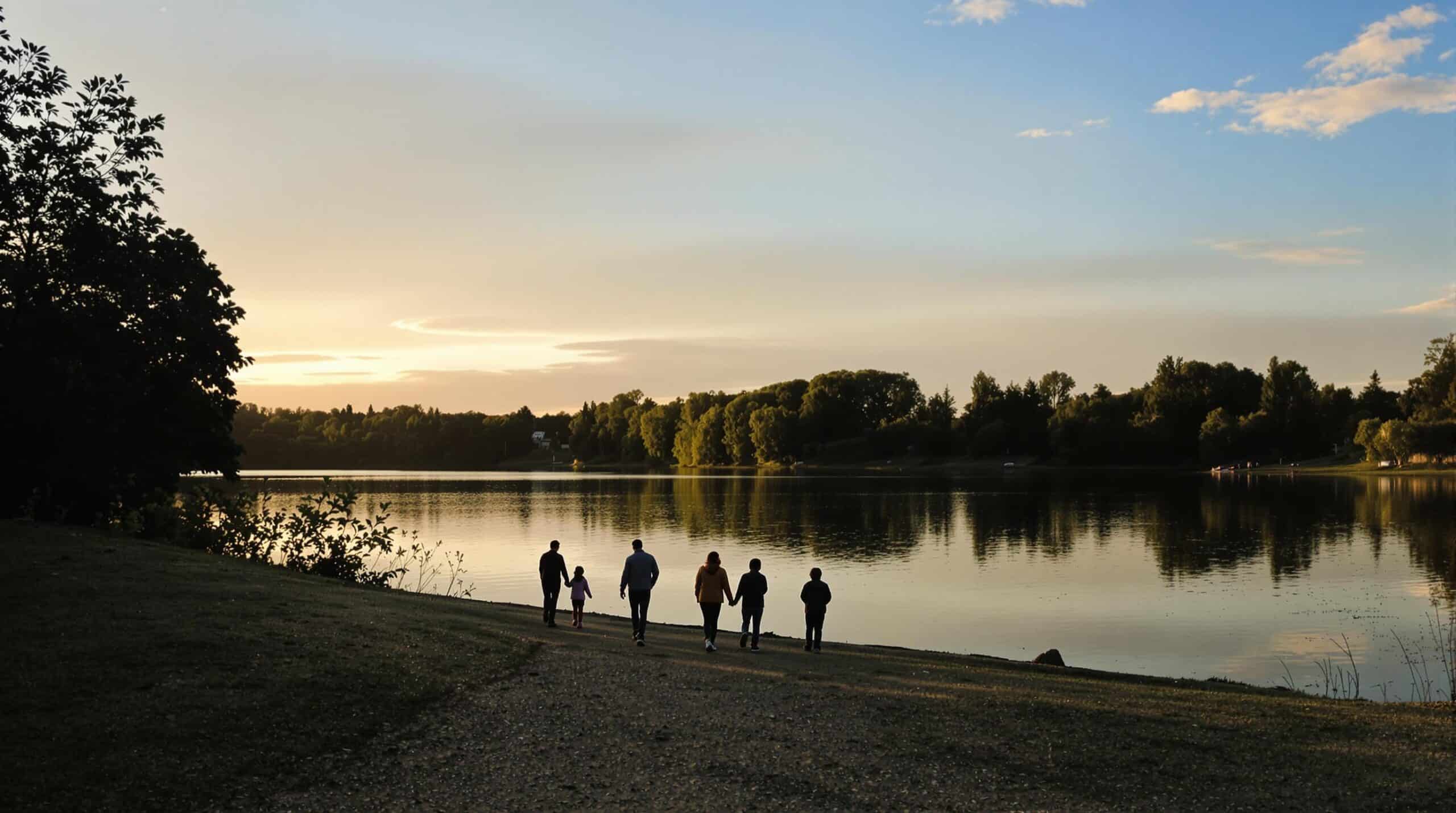 Una famiglia in riva al lago al tramonto.