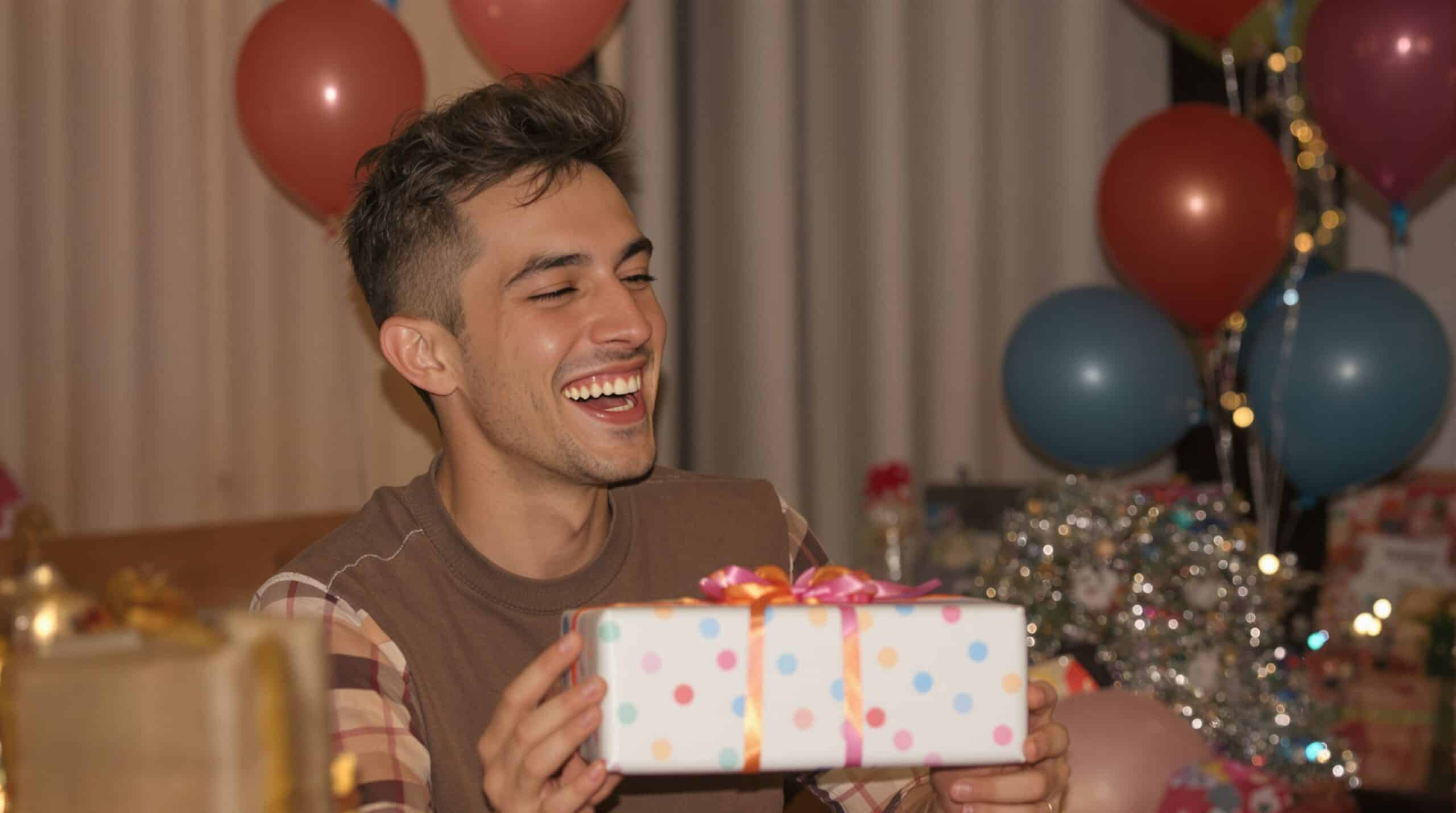 Un uomo è felice del suo regalo.