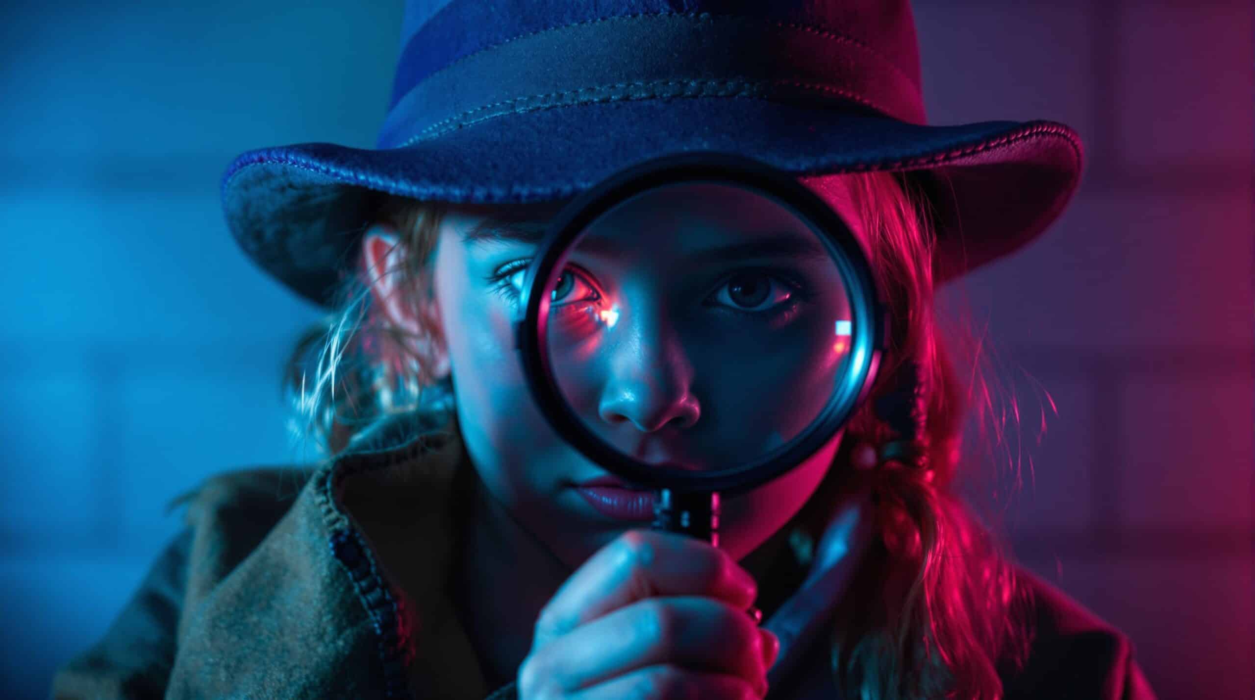 Una ragazza vestita da detective guarda nella telecamera attraverso una lente d'ingrandimento