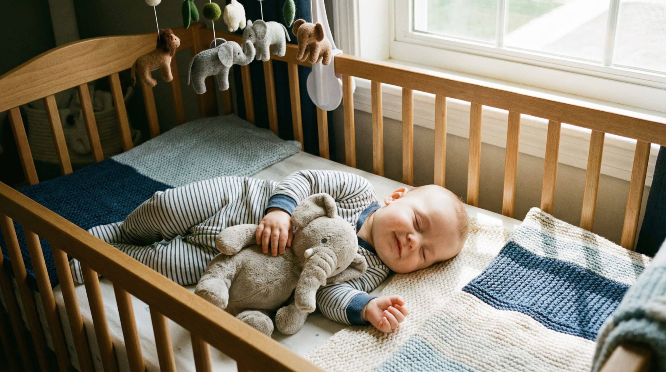 Un bambino dorme nella sua culla e coccola un peluche.