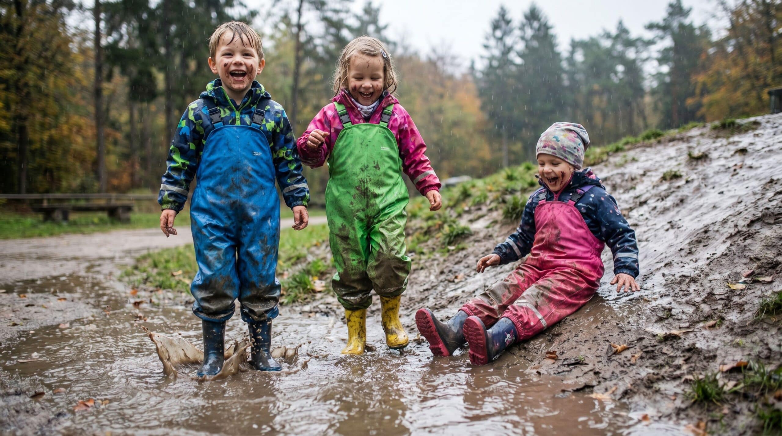 Bambini con i pantaloni infangati che giocano nelle pozzanghere