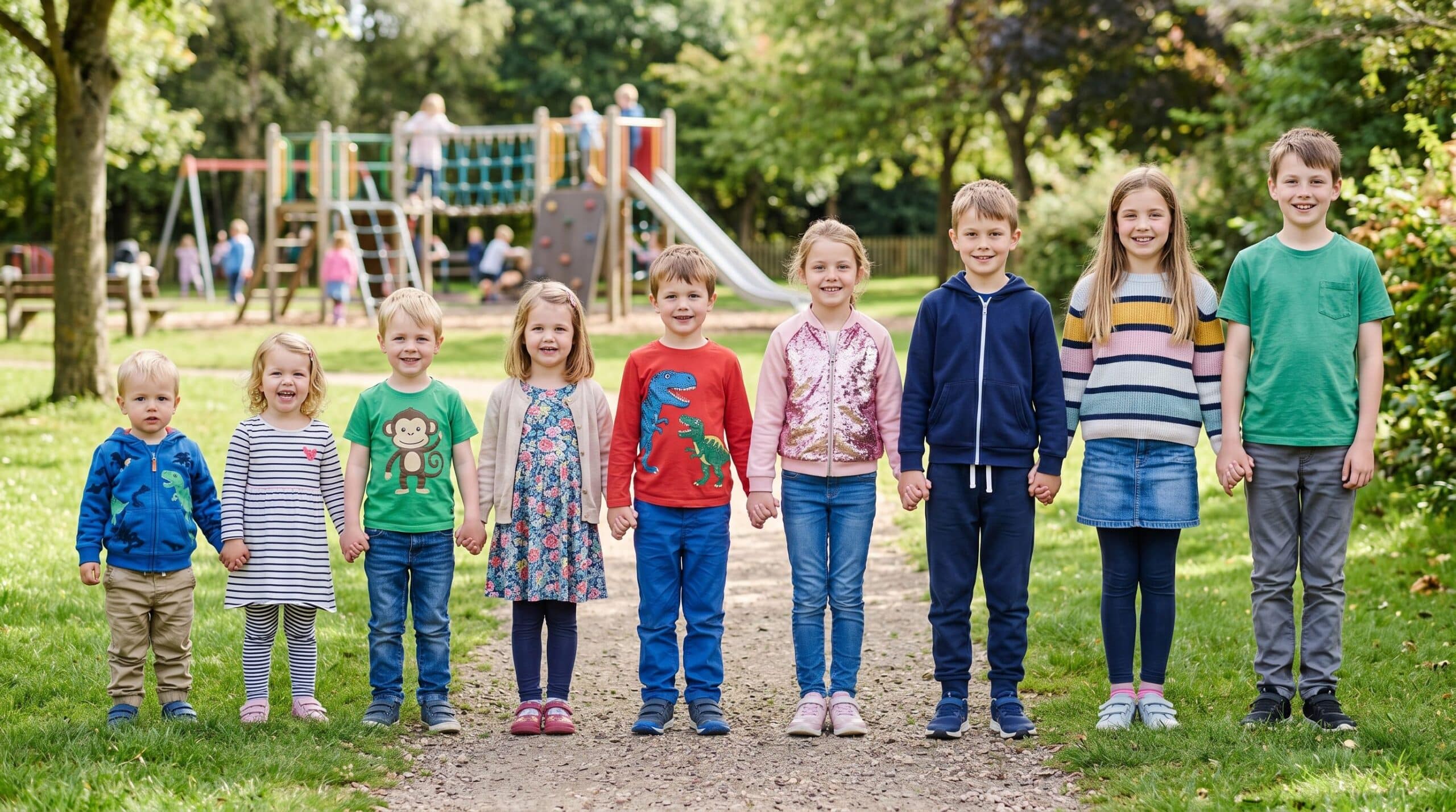 Bambini di diverse età stanno uno accanto all’altro.