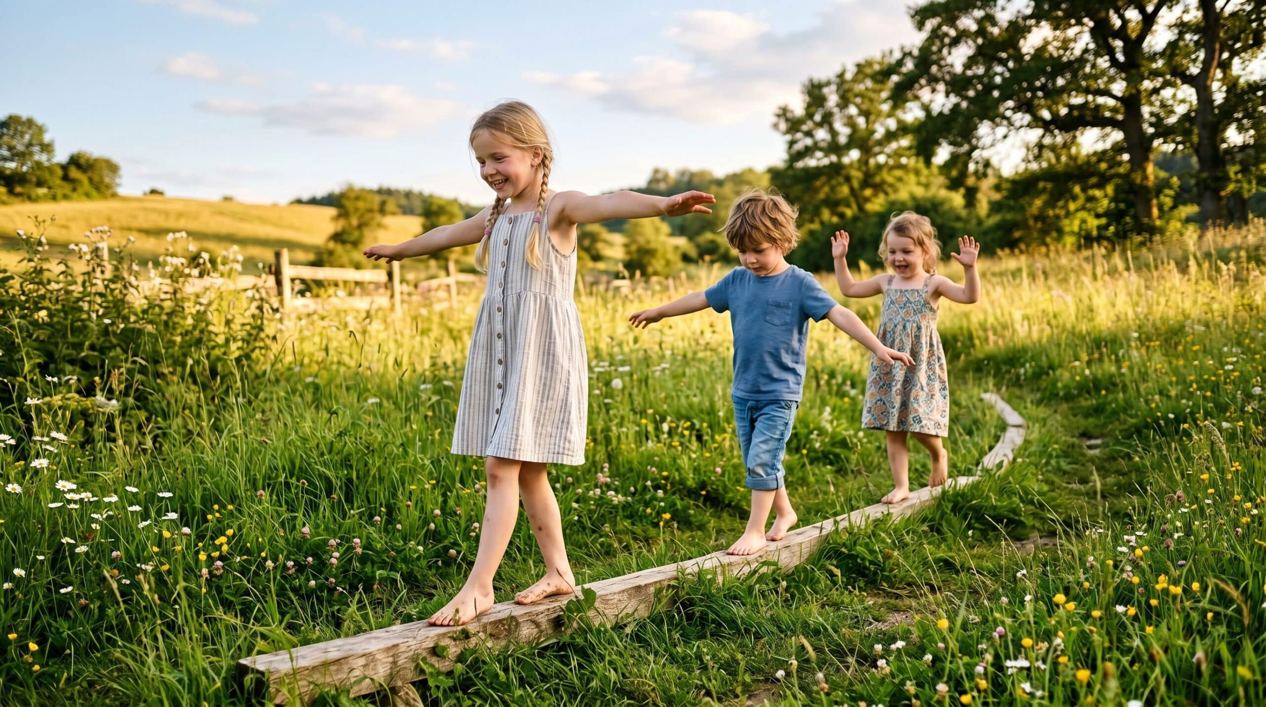 I bambini camminano in equilibrio su un sentiero di legno immerso nella natura