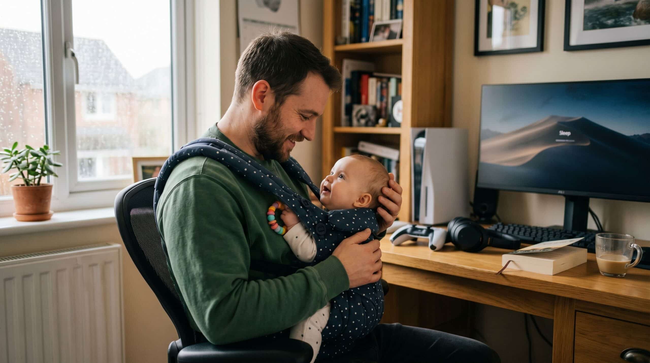 Un papà porta il suo bambino in un marsupio davanti alla pancia.